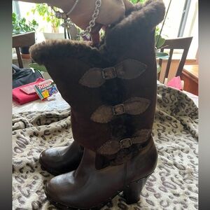 Frye Ella shearling lamb fur leather sheepskin tall platform boots 8.5 brown